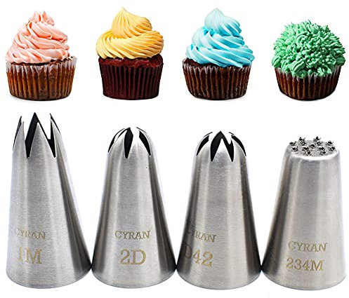 CYRAN Cake Decorating Kits Icing Piping Tip, 4 Pack #1M 2D D42 234M Large Star Flower Grass Piping Nozzles