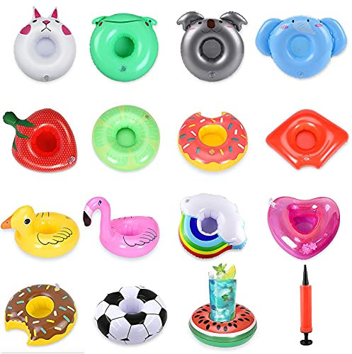 Portavasos Inflable,Paquete de 15 portabotellas Inflable,portavasos para Piscina,portavasos Flotante Inflable para Cerveza,portavasos para Piscina con 1 Bomba de Aire,para Piscina,Playa (15)
