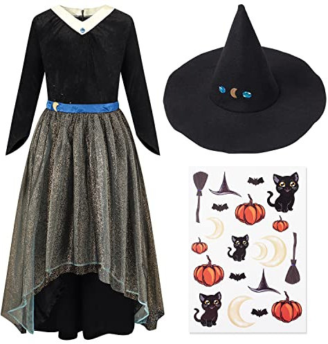 corimori Hexen-Kleid Kostüm-Set für Kinder | mit Hexenhut & Tattoos | Halloween Kinder-Kostüm | schwarz, Größe 110/116