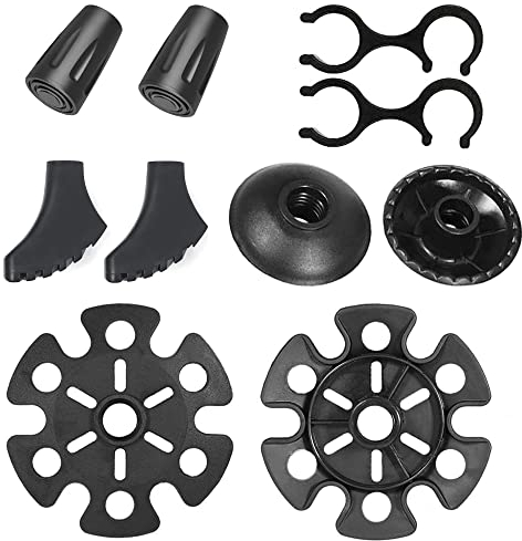 VENGABY 10 Stück Wanderstöcke Zubehör, Walking Stöcke Ersatzteil, 2 Nordic Walking Stöcke Gummipuffer, 2 Walking Asphalt Gummispitze, 2 Schlamm Teller, 2 Schneekorb und,2 S-förmige Schnallen