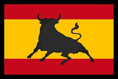 Parche España bandera con toro negro rectangular 5,08 x 7,6 cm tela impresa sublimado borde hilo negro y tela de gancho macho trasero - 1 unidad