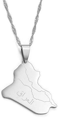 MTCDBD Republik Irak Karte Halskette Für Unisex Schmuck, Irak Karte Anhänger Partykleid Zubehör Ethnischen Stil, Patriotisches Symbol Halskette Geschenk, Silber, 60 cm Kette