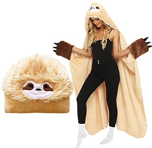 ERACII Faultier Decke Faultier Kuscheldecke Geschenk für Frauen Faultier Geschenk für Tochter Geburtstagsgeschenk Faultier Decke mit Hut und Handschuhen Kuscheldecke Flauschig Gelb-Faultier