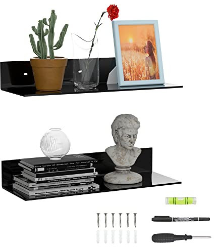 Sezanrpt 2er-Set Acryl Wandregale 43cm, Schwarz L Form schwimmend Regal, Acryl Eckregal, Perspex Wand Display Regale für Wanddekoration, Modellwagen, Kerze, Kalender, Handtuch, Tissue