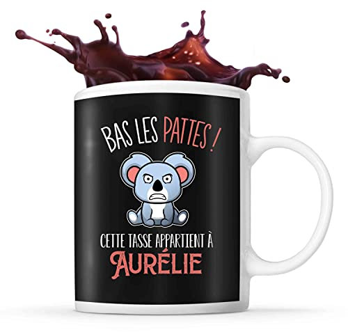 Planetee Tasse prénom Aurélie Bas les pattes Koala | Mug Prénom pour femme | Collection Animaux grognon mais mignon