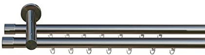 tilldekor Innenlauf Gardinenstange nach Maß, Andrax 2-läufig Edelstahl-Optik, 16mm Durchmesser, auf Maß gefertigt, 250 cm, inkl. Trägern und Endstücken