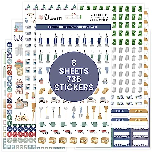 bloom daily planners Household Chores Planner Stickers -Essential Variety Pack for Home Productivity - to-Dos, Errands, Seasonal Tasks - 8 Sheets / 736 Stickers - Illustrated Icons & Quotes for