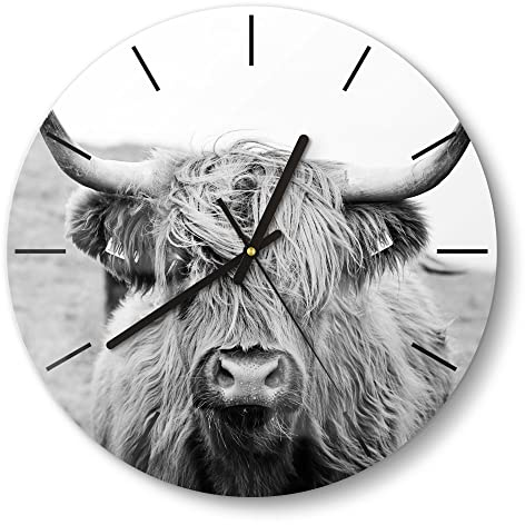 DEQORI Glasuhr | rund Ø 30 cm | Motiv Zotteliges Hochlandrind | ausgefallene leise Design Uhr aus Glas | Wanduhr für Wohnzimmer & Küche | moderne Hingucker Uhr für die Wand