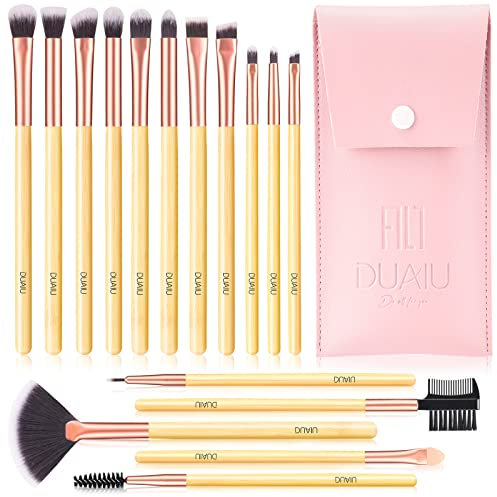 DUAIU Eyeshadow Brush Set 16Pcs Bamboo Eye Makeup Brushes, Eye Shadow Brush for Blending Concealer Eyebrow Eyelash Eyeliner Premium Synthetic Make Up Brushes with Bag