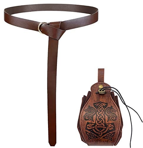 keland 2PCS LARP Zubehör Piraten Wikinger Leder Gürtel & Mittelalter Tasche Würfelbeutel (Braun-002)