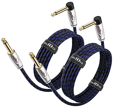 Augioth Gitarrenkabel 3 Meter 2 Packung, elektrisches Instrument Basskabel AMP Kabel 1/4 gerade zu Winkel schwarz und blau geflochten
