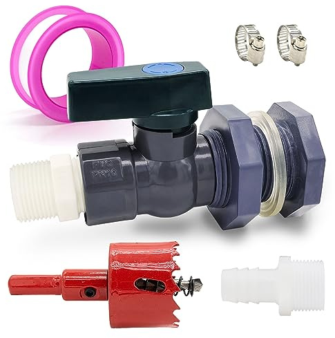PVC Rain Barrel Diverter Kit Rain Barrel 3/4 Inch Spigot Kit with Bulkhead Fitting, Hose (25mm/1 + 16mm/0.63) Adapter, Hole Saw, Ball Valve, Clamps, Thread Seal Tape