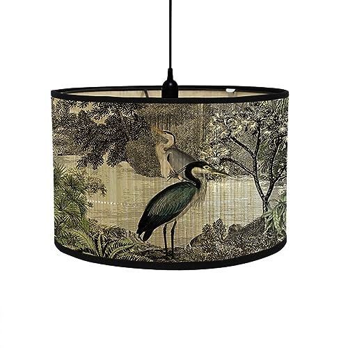 FANSU Paralume E27 in Tessuto Vintage con Motivo Pianta Uccello - Copertura Lampada Accessori Luce Sostituibile per Lampadario, Lampada Tavolo, Comodino - Forma a Tamburo (Lago, 30x30x20cm)