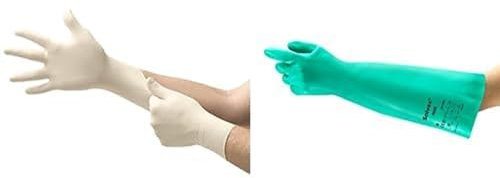 MicroFlex 63-864 Latex Einweghandschuhe, Professionelle Schutzhandschuhe, Weiß, Größe L (100 Handschuhe) + AlphaTec 37-185 Nitril-Arbeitshandschuhe, Industrie Chemikalien, Grün, Größe L (1 Paar)