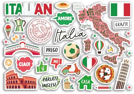 A5 Sticker Sheet Italian Vinyl Stickers - Italy Italian School Book Flag Map Landmarks Students Project Travel Holiday Scrapbook #81079