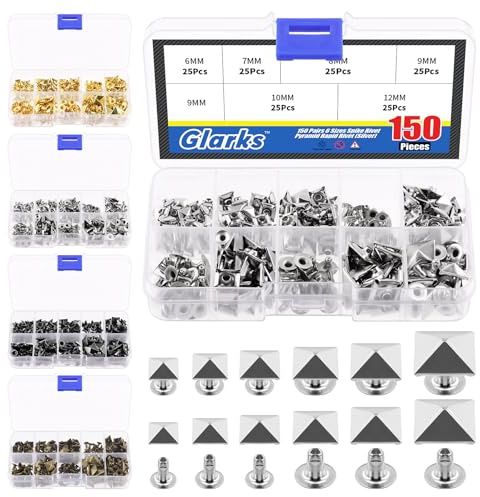 Glarks 150Pcs Silber Spike Niete, 6mm 7mm 8mm 9mm 10mm 12mm Pyramide Schnelle Nieten Studs Quadrat Punk Spikes Lederhandwerk Dekoration für Kleidung Gürtel Taschen Schuhe