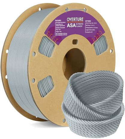 OVERTURE ASA Filament 1.75mm, Spule 1kg (2.2lbs), Maßgenauigkeit +/- 0.03 mm, für 3D Drucker (Grau)