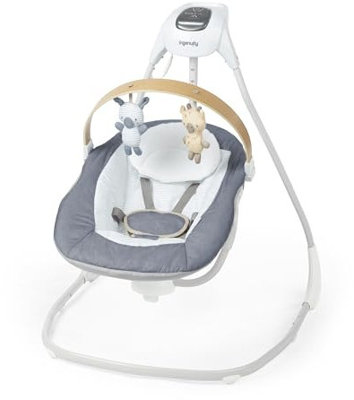 Altalena rilassante compatta SimpleComfort Compact di Ingenuity, con barra dei giocattoli girevole, sedile girevole, 6 velocità, 0-9 mesi o fino a 9 kg - Chambray