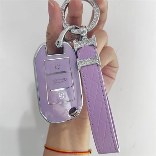 SUFC Accessoires de Voiture de Coque de Couverture de boîtier de clé de Voiture de TPU (Porte-clés Violet H) pour Peugeot 208 2008 308 3008 408 508 107 301,pour Citroen C4 Cactus C5 DS4 DS5