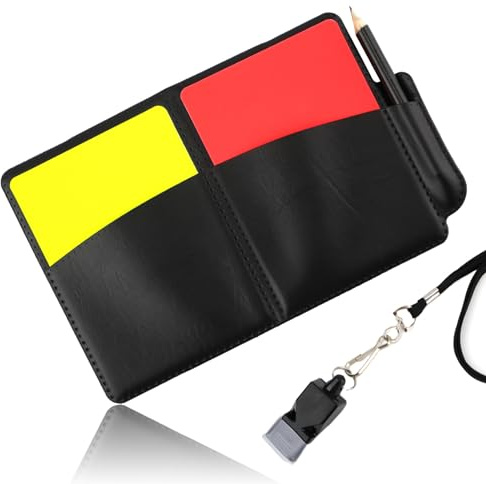 NQEUEPN Carton Arbitre Set, 2pcs Cartes d'Arbitre avec Porte-Carte en PU Arbitre Scorebook Sifflet Crayon Cartes de Pénalité d'Arbitre Rouges et Jaunes pour Football Hockey Jeux de Sport
