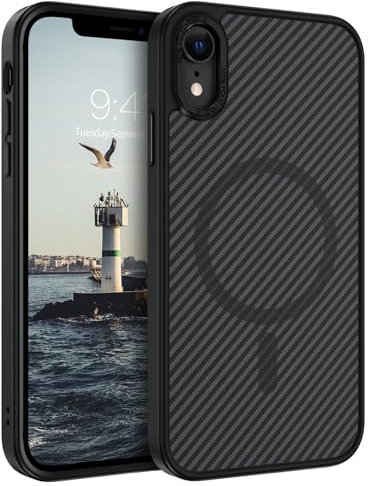DOMAVER Case for iPhone XR,Magnetic [Compatible with mag-safe] Carbon Fiber Metal Lens Frame+Buttons Support Wireless Charging Men Women Slim Shockproof Protective Phone XR Cover 6.1 Inch,Black