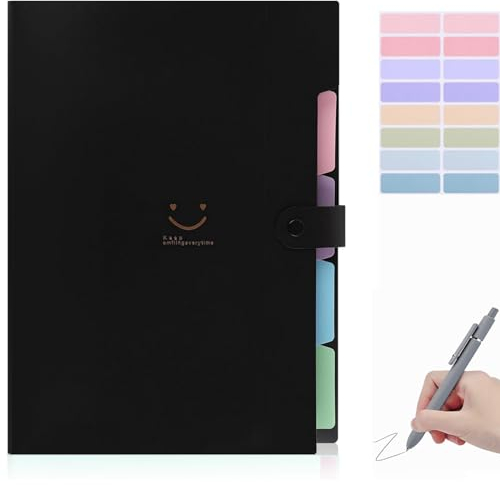 Fächermappe A4,Mappe Mit 5 Fächern,Dokumentenmappe A4 Mit Etiketten,Ordnungsmappe Mappen Ordnersystem, 12 durchsichtige Geldumschläge, 14 Monatsplaner Haftnotizen (Fächermappe black)