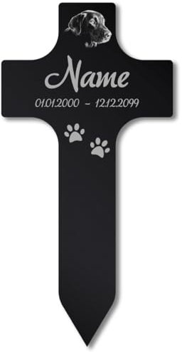 Paule Black Personalisiertes Tier Grabkreuz mit Foto Gravur - Acrylglas Schwarz Hochglanz 250 x 500 mm - wetterfest, für Hund, Katze und alle Haustiere, individuelles Foto und Text