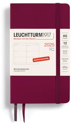 LEUCHTTURM1917 370573 Wochenkalender Pocket (A6) 2025, Softcover, Port Red, Deutsch