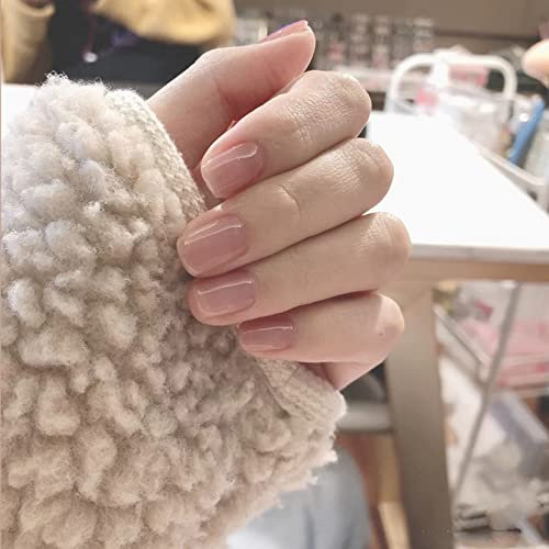 Short Square Dark Blue False Nails Glossy Pure Color Collection,24Pcs Full Cover Acrylic Stick on Nails with Jelly Glue for Women Girls Nails Art (Transparent Nude)