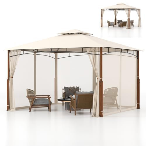 HOMASIS Gazebo da giardino 3,6 x 3 m, con doppio tetto e 4 zanzariere, tenda per feste con protezione solare, pergolato con 16 picchetti e telaio in metallo, colore beige