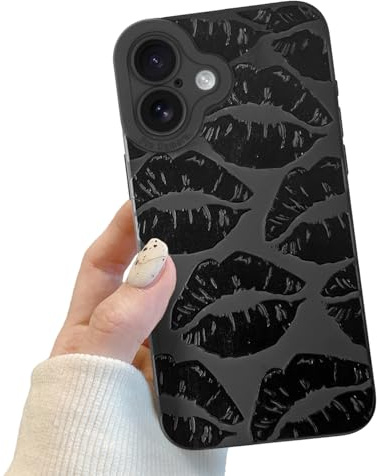 Potok Compatible for iPhone 16 Case, Black Cute Lips Case Design for Women Girls, Soft TPU Slim Profile, Anti-Slip Shockproof Protective Phone Cover for iPhone 16