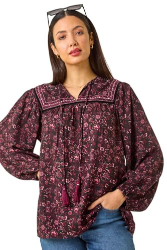Roman Originals Floral Print Tie Front Top for Women UK - Ladies Everyday Autumn Winter Neckline Tie Comfy Soft Evening Vacation Work Party Night Out - Purple - Size 12