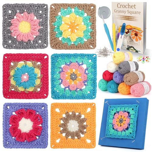 Coopay Anfänger Häkelset für Granny Square, 6 Blume Granny Square Häkel Set mit Schritt-für-Schritt Anleitung, Granny Squares Häkelset für Anfänger mit Häkelwolle, Häkelnadel und Häkelzubehör