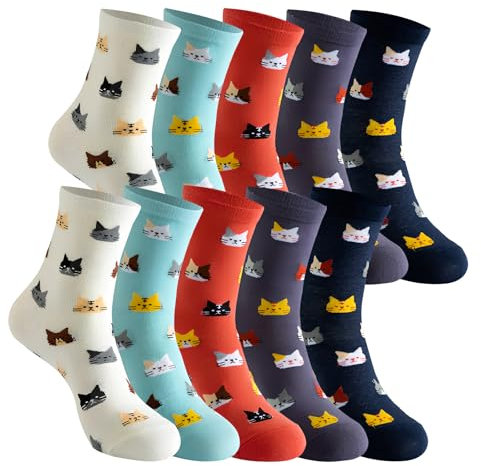 Amexo 5 Paar Damen Socken, Katzensocken Damen Thermal Socken Socken Damen 39-42 Bunte Socken für Damen Mädchen