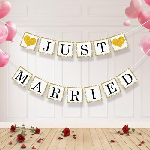 Koliphy Just Married Deko, Papier Girlande Banner Deko für Hochzeit Fest, Liebesgeständnis, Valentinstag, Heiratsantrag, Brautdusche & Junggesellinnenabschied Dekoration (Schwarz Gold)