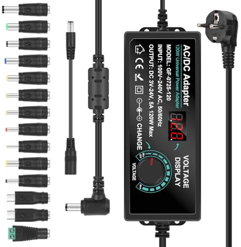 Einstellbares Netzteil 3V-24V Universal Netzteil 5A 120W Verstellbarer Netzadapter 100V-240V AC to DC mit Spannungsanzeige 14 Steckern Polungskabeln Universal Netzteiladapter für Haushaltselektronik