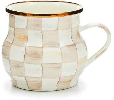 MACKENZIE-CHILDS Enamel Mug, Cute Enamelware Coffee and Tea Mug, Unique Drinkware, 16 Ounces, Brown-and-White Mocha Check, Set of 1