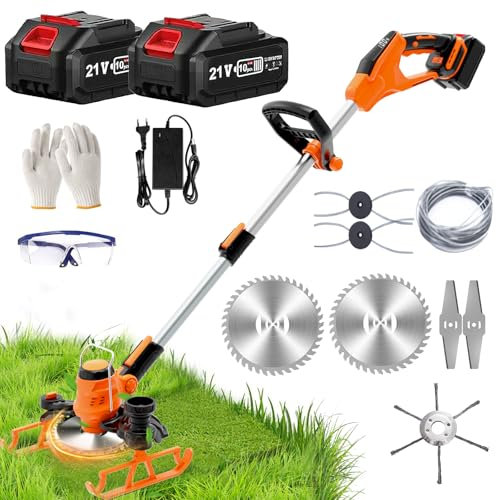 BUIOXMNO Akku Rasentrimmer mit Akku und Unkrautbürste,Freischneider Akku mit 2X4.0Ah Akku,Motorsense Akku,Teleskopierbar, 90° Drehung, für Rasen- und Buschtrimmen