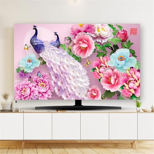Hixingo TV Abdeckung Staubschutzhülle, 3D Pfingstrosenblume Muster TV Staubschutzhülle 32-80inch TV Abdeckung Schutzhülle Fernseher Fernsehabdeckung TV Schutzhülle (70inch,Lila Pfau)