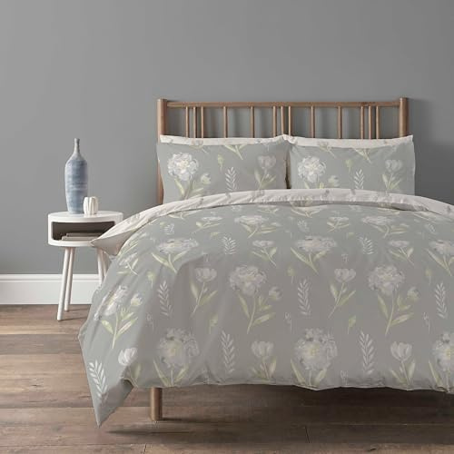 Olivia Rocco Meadow Duvet Cover Set Easy Care Quilt Bedding Sets with Pillow Cases Cotton Rich Super Soft Printed Floral Bed linen, Meadow Grey King