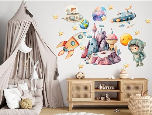 wolga-kreativ Wandtattoo Kinderzimmer - Wandsticker Weltall Astronaut Planeten Rakete Deko Kinderzimmer - Wandaufkleber Mädchen Junge Babyzimmer Wandsticker Mädchen Junge