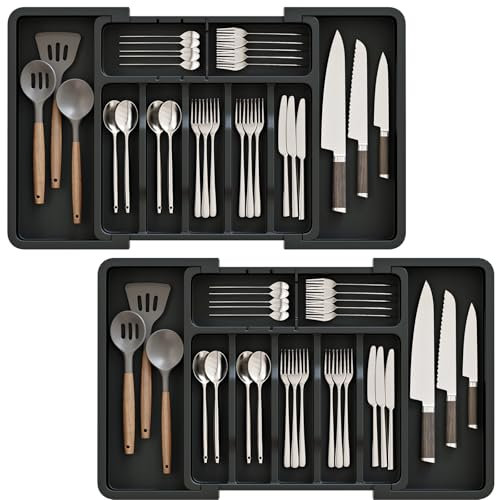 ABHENG Organizador de Cubiertos,Lot de 2, Organizador de Cajones para Utensilios de Cocina Extendible y Ajustable, Portacubiertos de Plástico con 9 Compartimientos, Negro, AFD012B