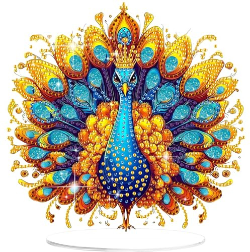 GHHKUD Pfau Diamond Painting Desktop Deko für Erwachsene Kinder, Diamond Painting Tischdekoration, 5D Diamant Painting Bilder Kits, DIY Diamant-Malerei Deko für den Schreibtisch, Box Paket