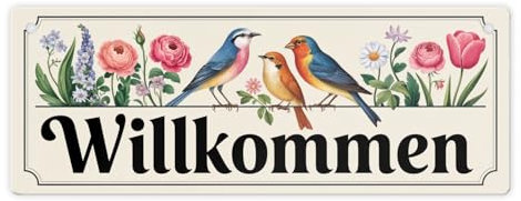 Vögel und Blumen Willkommen Metallschild - Frühling Deko-Hängeschild mit fröhlichem Spruch für Naturliebhaber