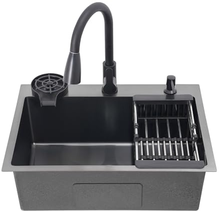 Schwarze Küchenspüle 60x45x20 cm,Spülbecken Edelstahl Edelstahl-Arbeitsplatzspüle 1 Becken,Spüle Küche mit Abflusskorb + Seifenspender + Ausziehbar Hahnloch