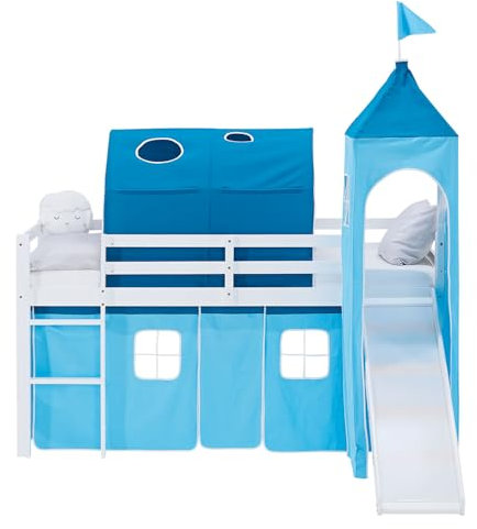 Homestyle4u 90x200 Hochbett mit Rutsche, Matratze, Lattenrost & Vorhang | Kinderbett aus Massivholz in Weiß mit blauem Turm & Tunnel - Stabiles Kiefernholz - Liegefläche 90 x 200 cm