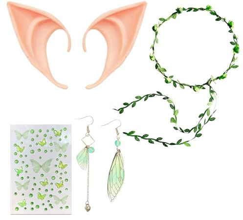 Snyvpra Elfenohren Set 4-teilig – Elf Ears mit Blätter-Haarband, Ohrringen & Schmetterlings Gesichtsstickern – Perfektes Feen Kostüm Damen & Elfen Kostüm Damen für Fasching, Karneval & Party