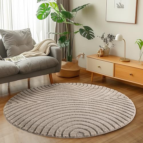 Carpetsale24 Wohnzimmer Teppich Rund 120 cm Beige Hochflor Skandi Boho Design Hoch-Tief Effekt Weicher Shaggy Langflor Flauschig Robust Pflegeleicht Modern für beistelltisch