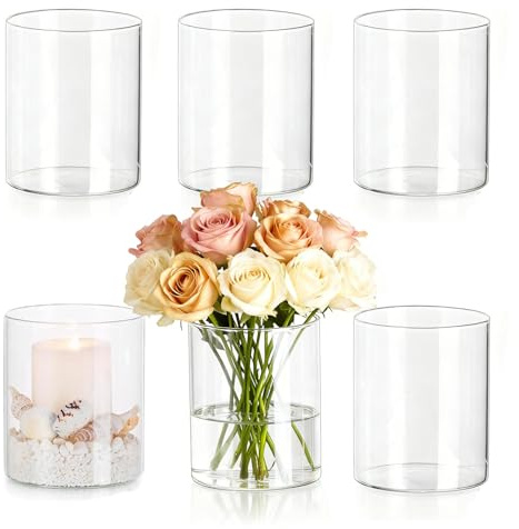 Glasvase, 6 Stück Glaszylinder für Kerzen, 8 x 6,5 cm Klar Glasvase Zylinder, Ase Glas für Tischdeko, Windlicht Glas, Glaszylinder Vase für Blumen, Wohnzimmer Wedding Decoration
