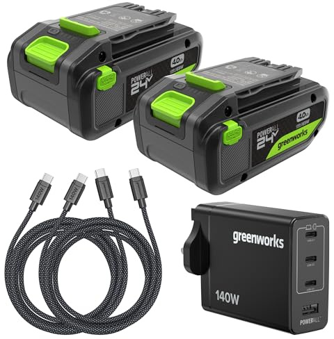 Greenworks K2D8DEA Lot de 2 Batteries USB-C Haute Puissance 24 V 4 Ah et Chargeur USB-C 65 W et câble de 100 W, Batterie Li-ION adaptée à Tous Les appareils 200+ Greenworks 24 V